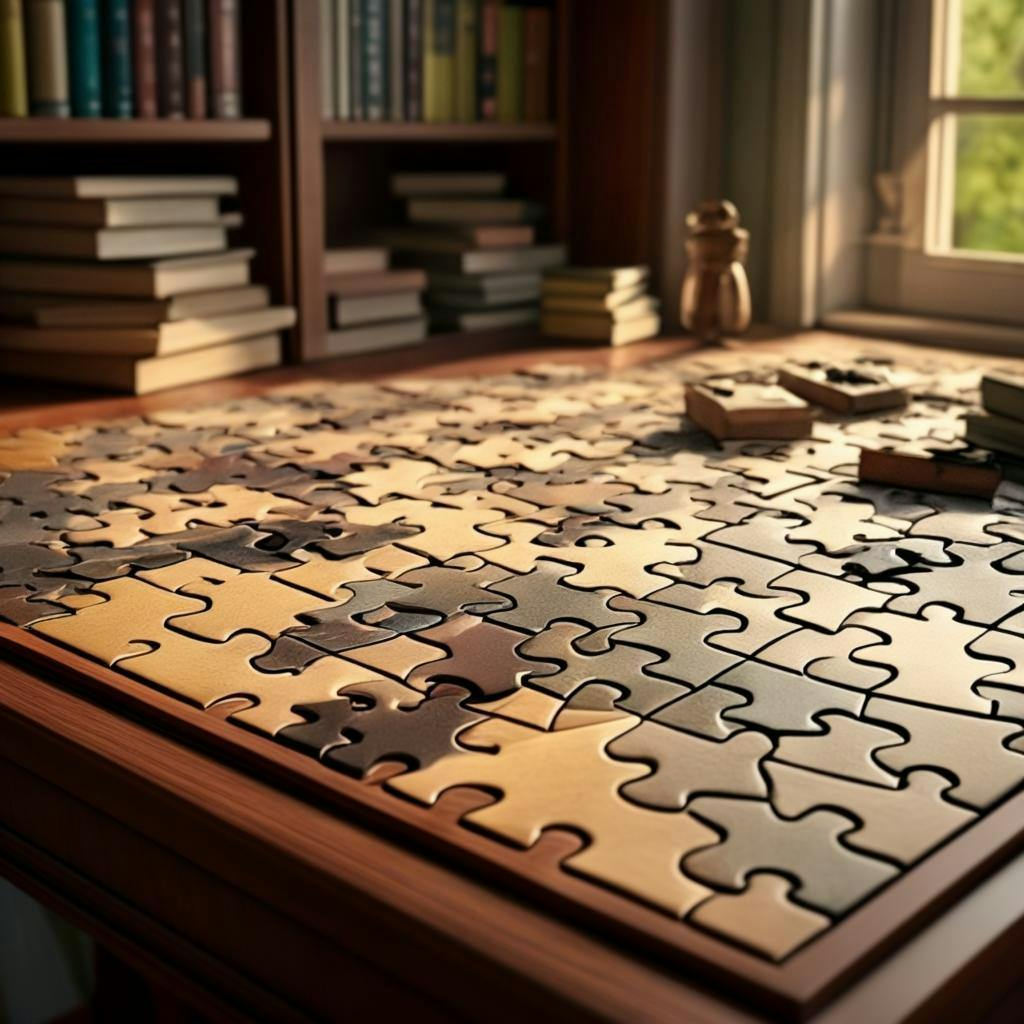 A jigsaw puzzle in a study with puzzle pieces scattered around.