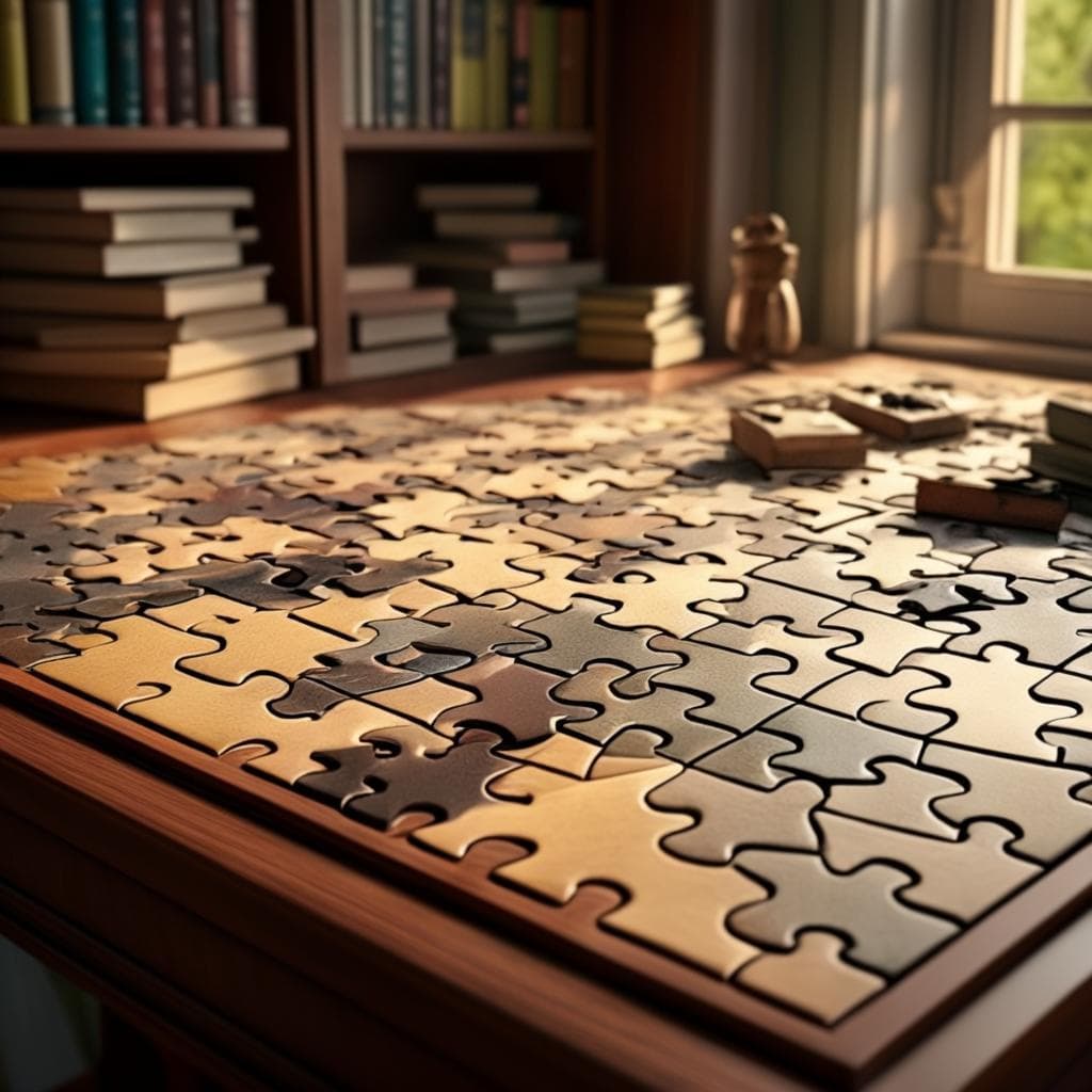 Ein Puzzle in einem Arbeitszimmer mit verstreuten Puzzleteilen.