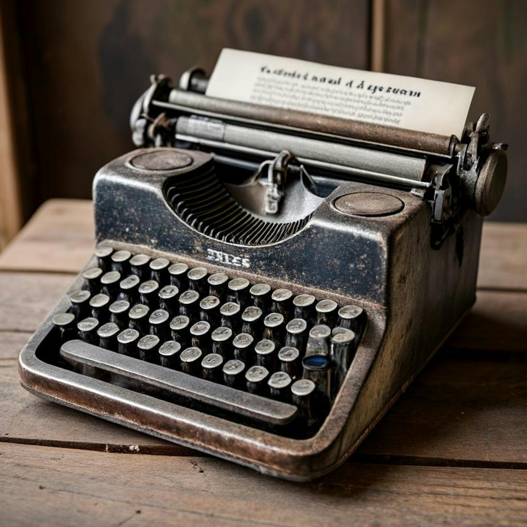 A vintage typewriter with weathered metal exterior, faded black keys with white lettering, and a piece of paper in it, surrounded by adjectives describing its appearance, texture, smell, sound, and emotional impact.