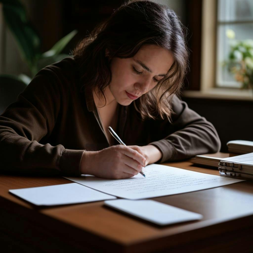 Osoba siedząca przy biurku z długopisem i papierem, zajęta ćwiczeniem swobodnego pisania.