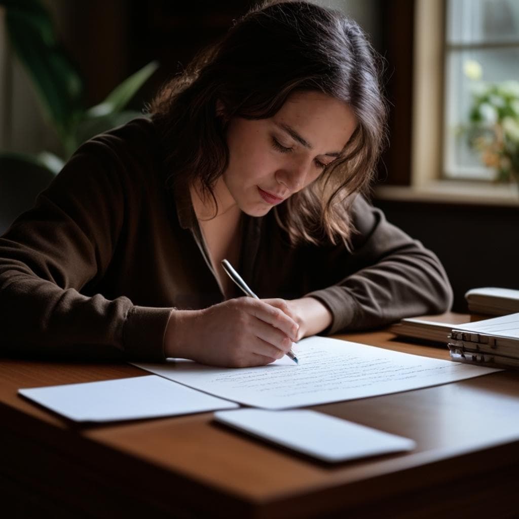 A person sitting at a desk with pen and paper, engaged in freewriting exercise.