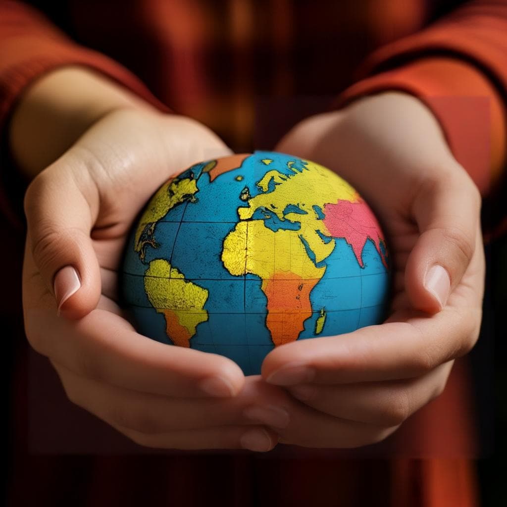 A person's hands holding puzzle pieces in various colors, arranged to form a globe shape