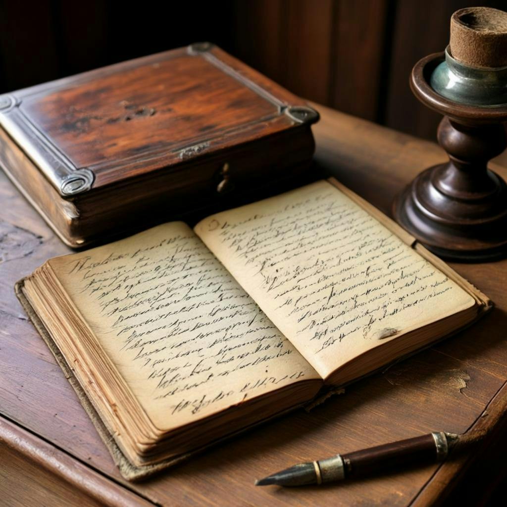 An old French diary open on a wooden desk, displaying handwritten sentences, alongside an inkwell, quill pen, and a vintage grammar book