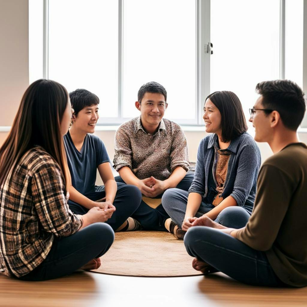 A group of people sitting together in a circle, engaged in conversation and practicing their language skills with native speakers.