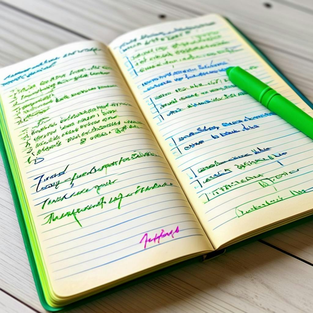 یک دفتر یادگیری زبان رنگارنگ با بخش‌های برجسته و یادداشت‌های دست‌نویس، نمایش دهنده زمان‌های مختلف فعل با هایلایترهای سبز و آبی.