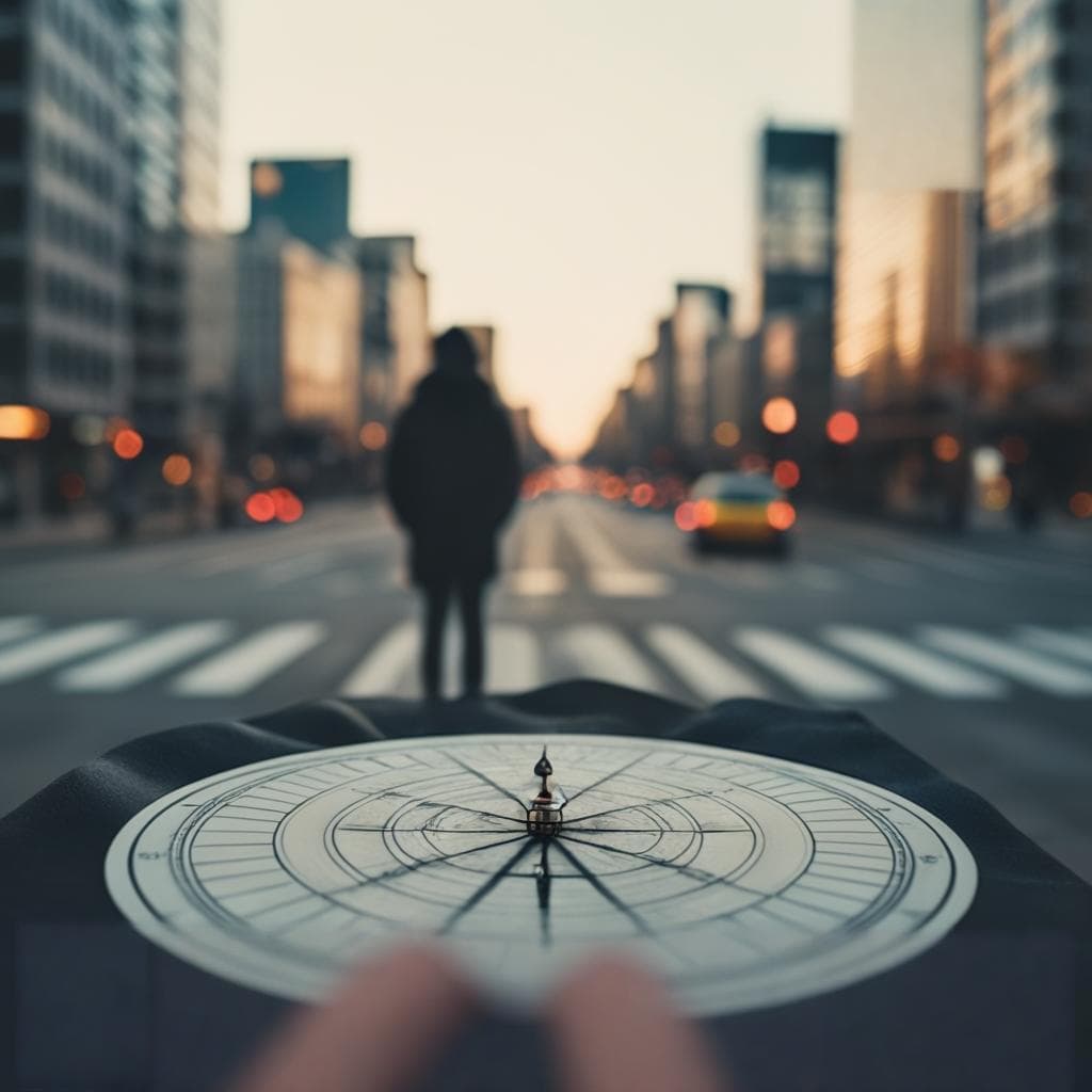 Una persona de pie en una encrucijada en una ciudad, sosteniendo un mapa y una brújula, con un paisaje urbano borroso en el fondo.