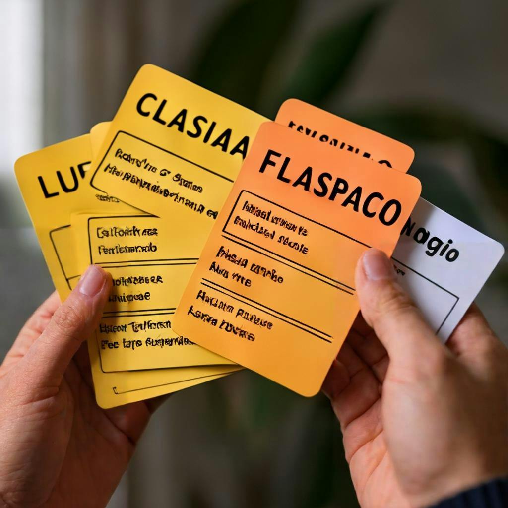 A person holding up flashcards with Spanish words and their English translations.