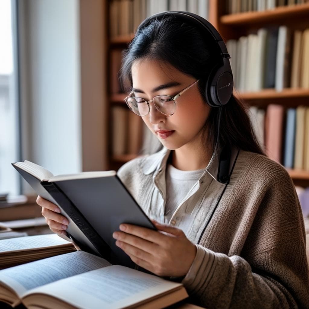 Una persona estudiando idiomas con libros, auriculares y laptop en un escritorio.