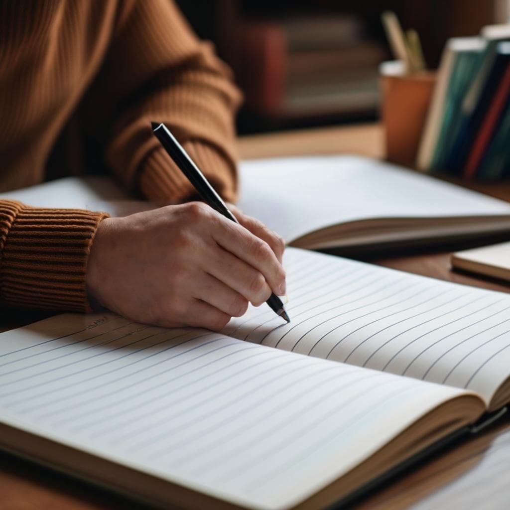 A person writing on a notebook while sitting at a desk, surrounded by books and pens.