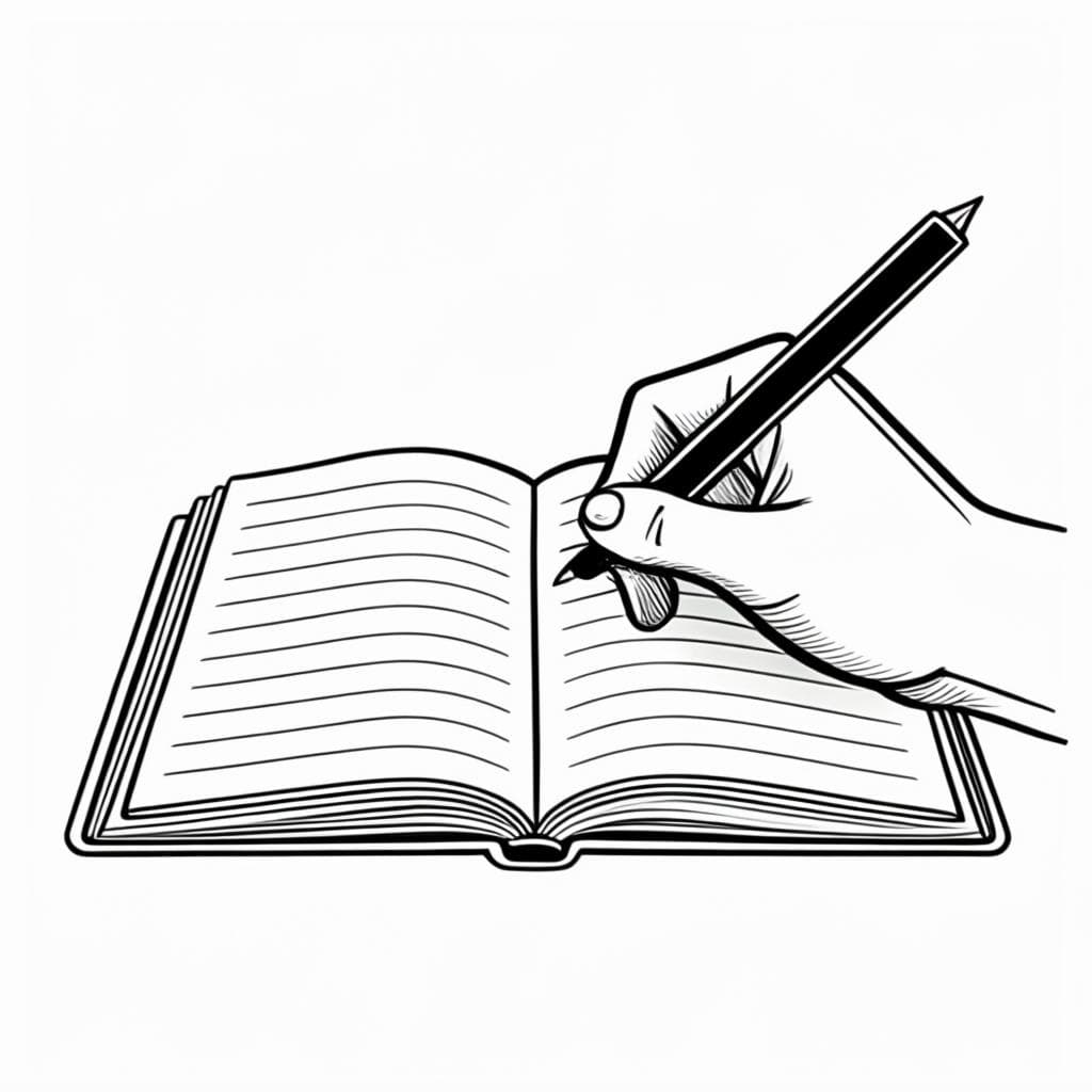O ilustrație a unei persoane care ține un stilou cu un caiet, generând idei pentru un eseu sau articol. Această imagine subliniază etapele inițiale ale procesului de scriere, cum ar fi planificarea și conturarea.