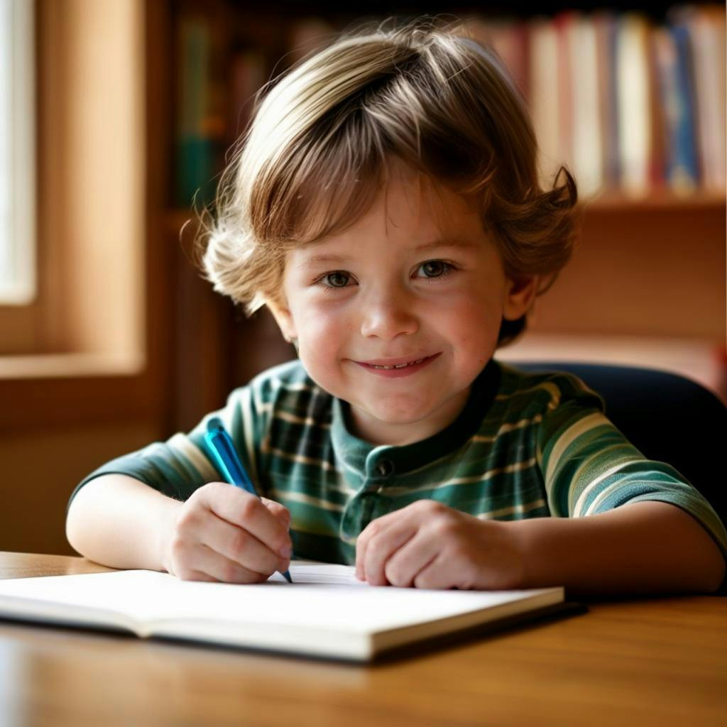 A young child sitting at a desk with a notebook and pen, smiling as they write in their journal.