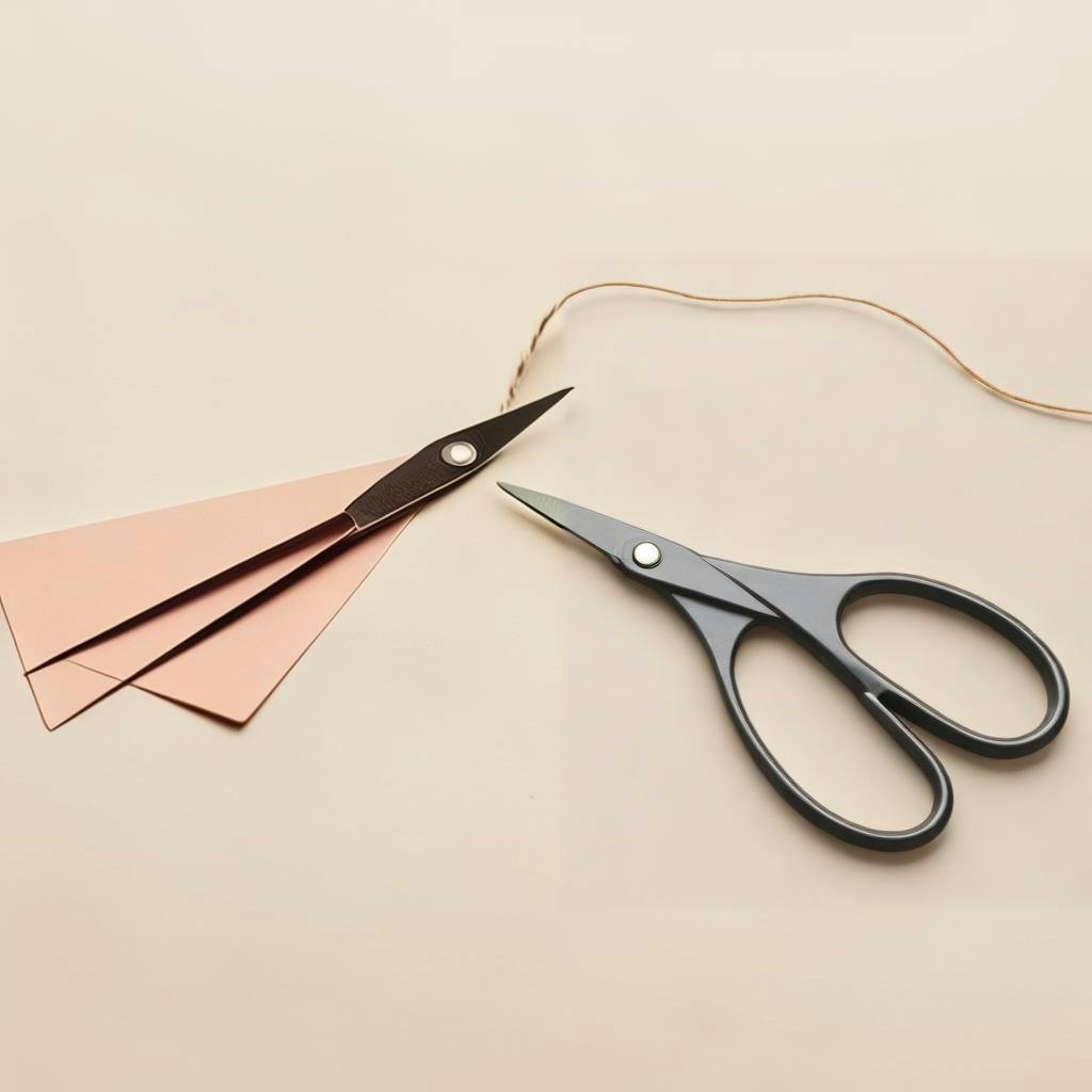A pair of scissors cutting a string tied around index cards with a light neutral background
