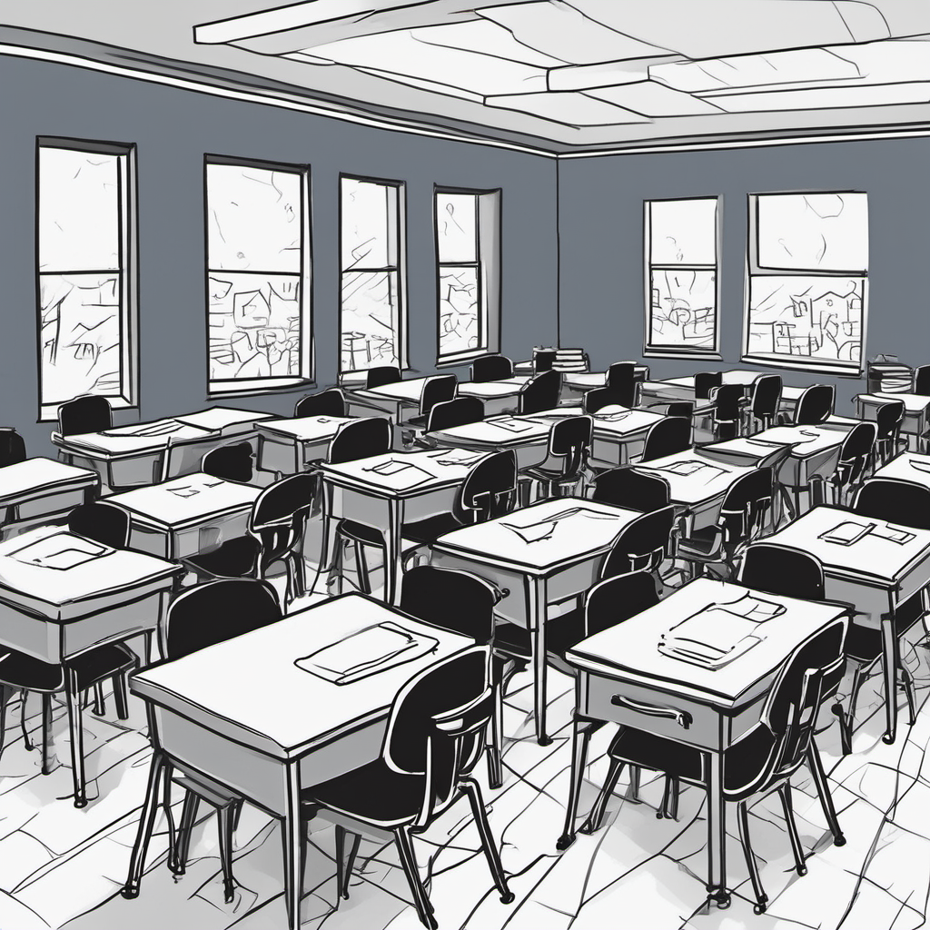 An illustration featuring a black and white classroom