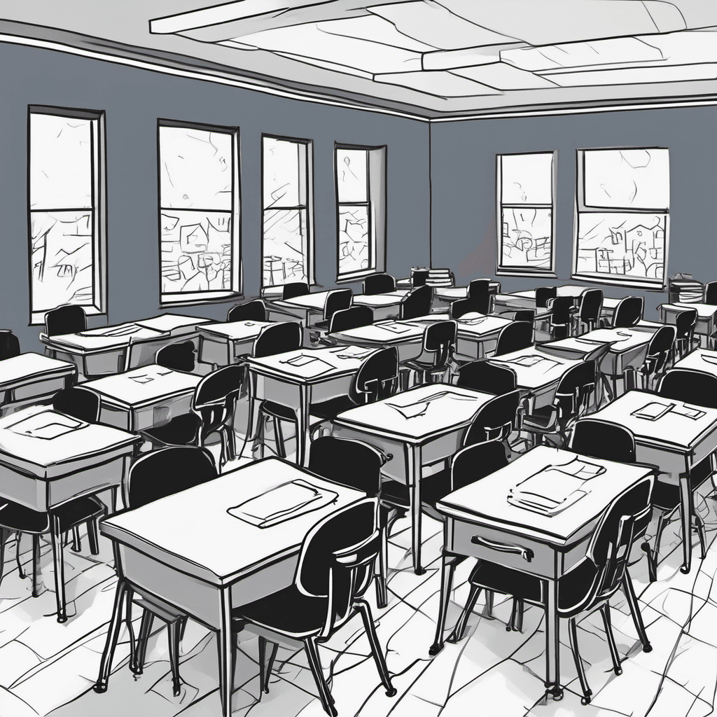 Una ilustración que muestra un aula en blanco y negro