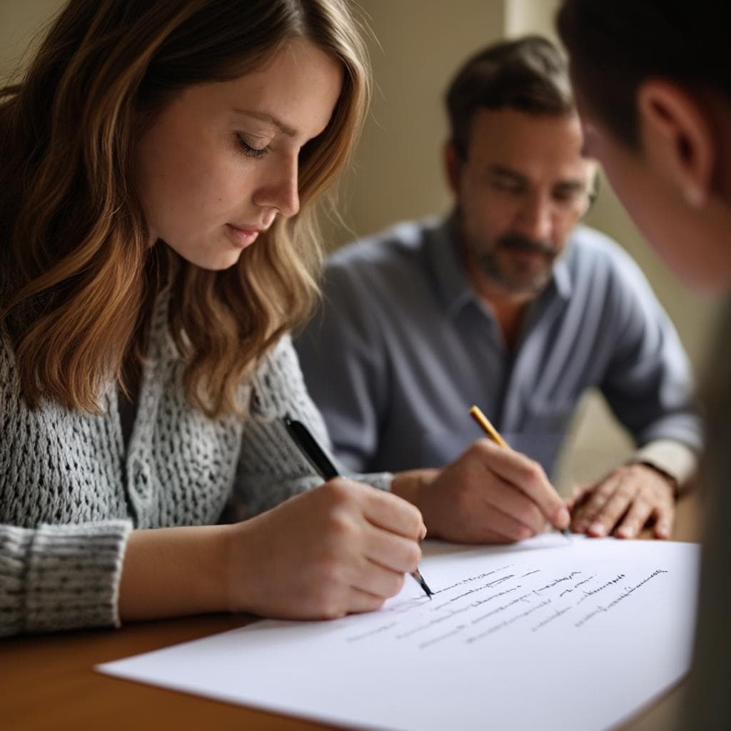 A person writing on paper while being observed by an occupational therapist