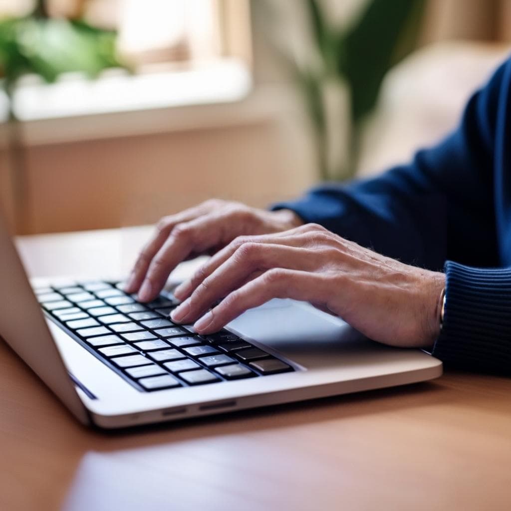 A person typing on a laptop, using Linguisity to improve their grammar skills in a second language.