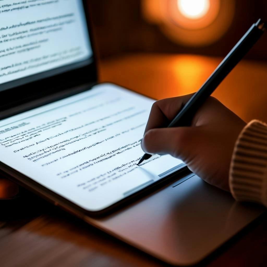 एक व्यक्ति लैपटॉप पर पाठ संपादित कर रहा है, सुधार के लिए क्षेत्रों को हाइलाइट कर रहा है और पेन के साथ नोट्स बना रहा है।