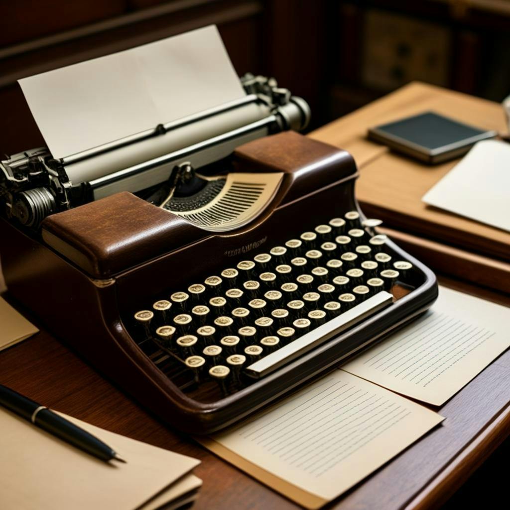 Las manos de una persona tecleando en una máquina de escribir antigua, con un montón de papeles de cartas manuscritas y sobres cerca, situado en un escritorio de madera junto a un diario de cuero y una pluma estilográfica