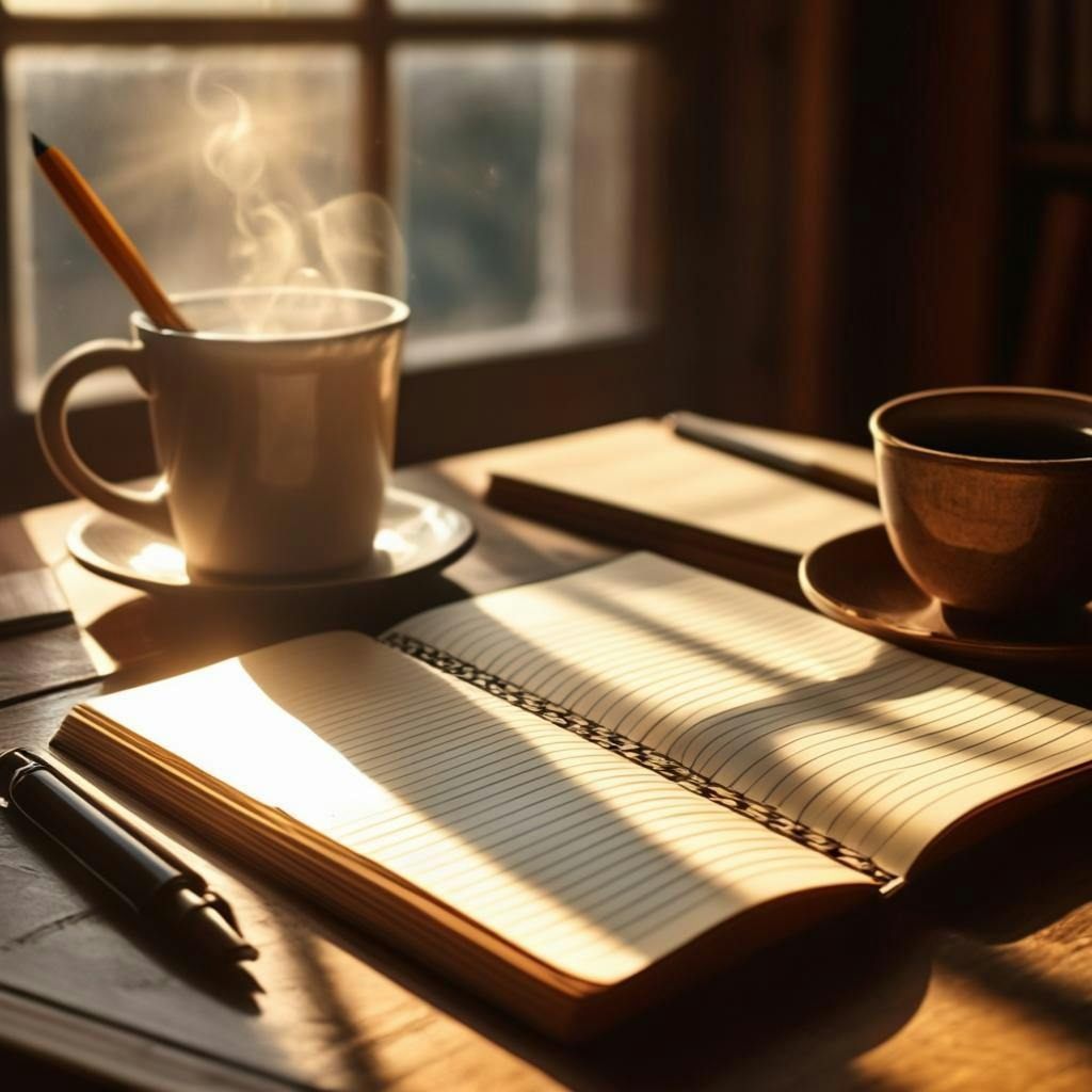 Uma pessoa escrevendo com uma caneta-tinteiro em um bloco de notas vintage, com livros e cartões de memória em uma mesa de madeira, com a luz do sol entrando por uma janela aberta e uma xícara de café por perto.