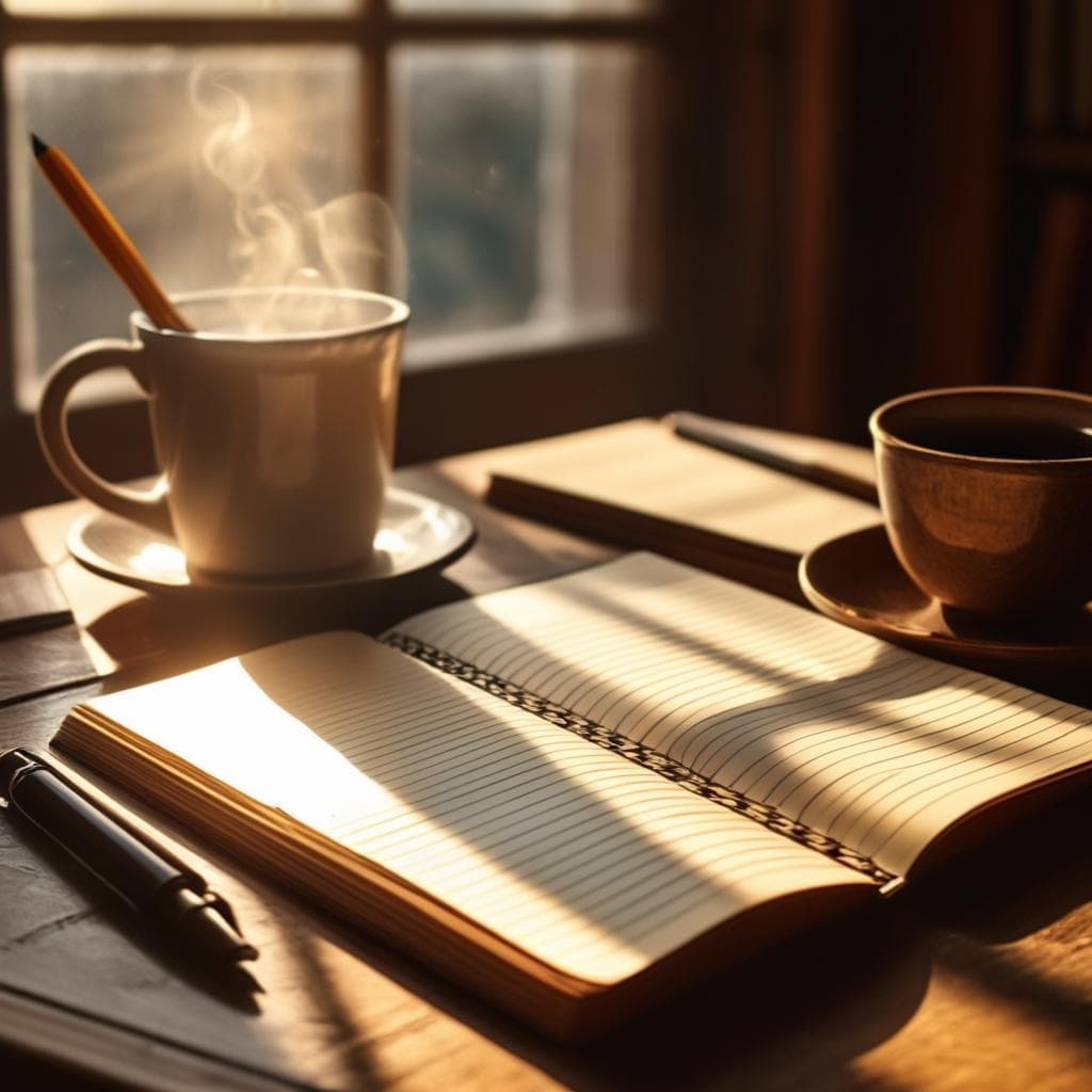 A person writing with a fountain pen on a vintage notepad, with books and flashcards on a wooden desk, with sunlight streaming through an open window and a cup of coffee nearby.