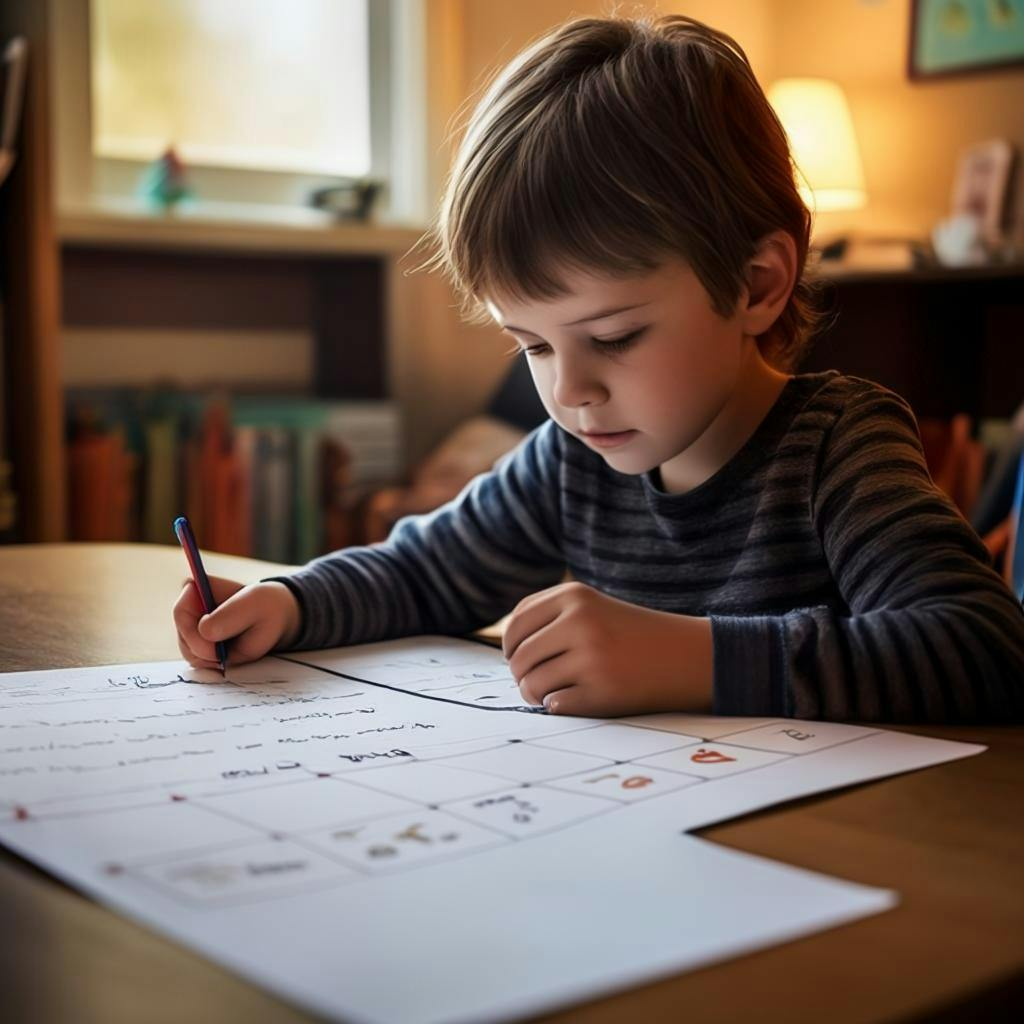 A child using a story map to plan out their writing, showing different sections of the organizer filled in with ideas, characters, and plot points.