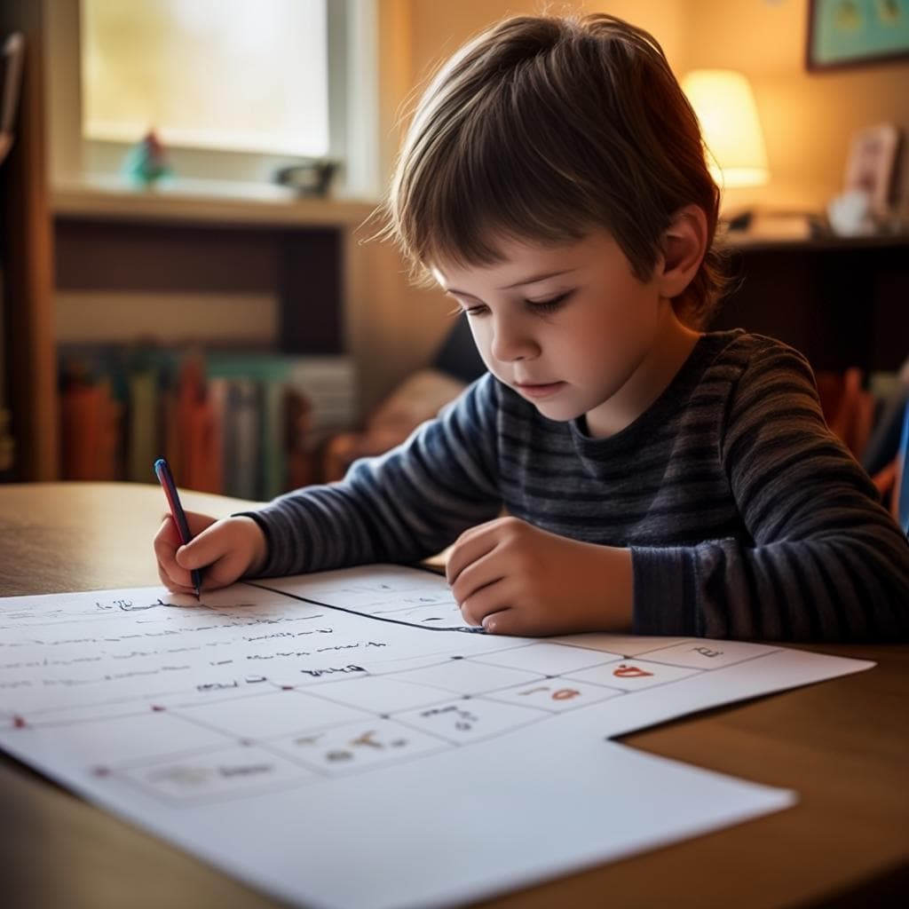 Un bambino che utilizza una mappa narrativa per pianificare la sua scrittura, mostrando diverse sezioni dell'organizzatore riempite con idee, personaggi e punti della trama.