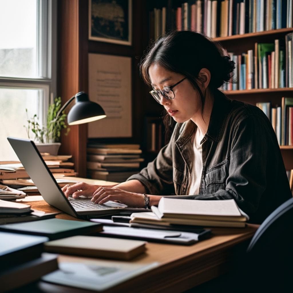 A person writing on a laptop with books on grammar and vocabulary nearby.