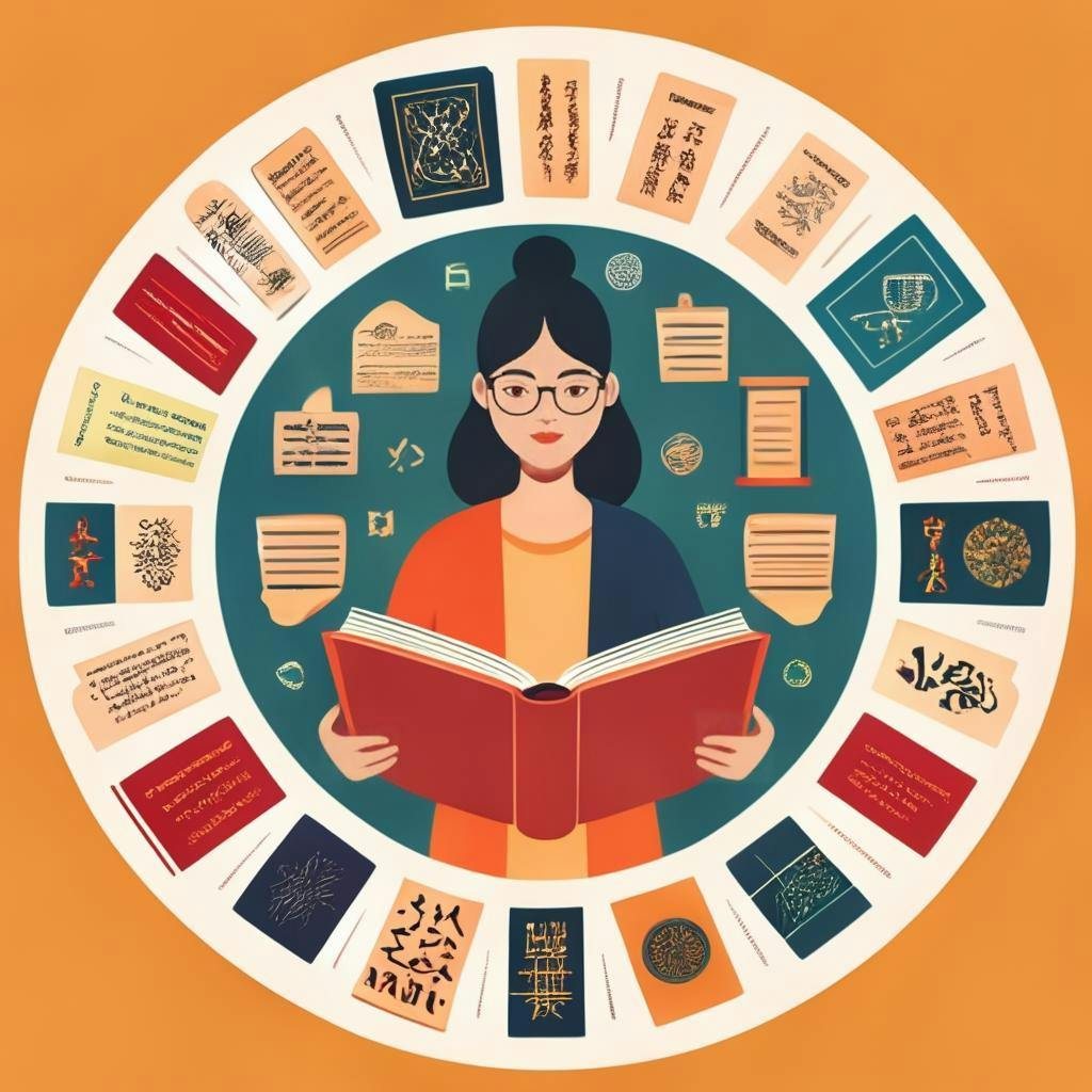 Una persona sosteniendo libros abiertos en diferentes idiomas, rodeada de varios objetos y símbolos culturales, representando los beneficios y la conciencia cultural obtenida al ser multilingüe.