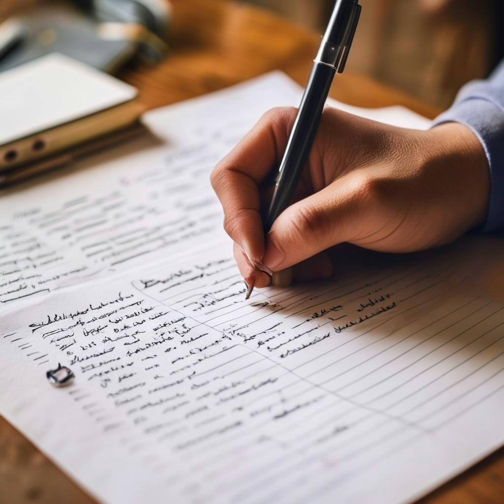 Una persona escribiendo en papel con un bolígrafo, rodeada de varias notas, haciendo lluvia de ideas y organizando sus pensamientos usando técnicas de elaboración de listas.