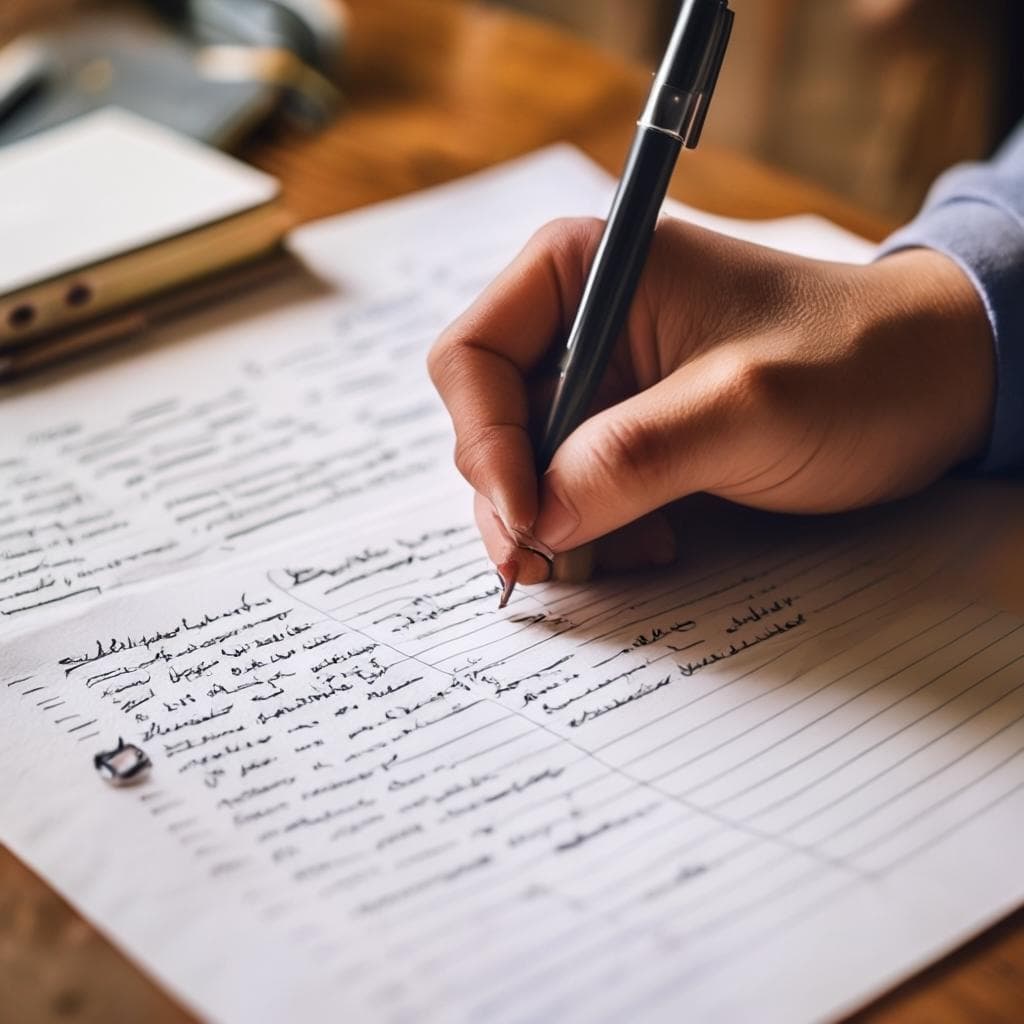 A person writing on paper with a pen, surrounded by various notes, brainstorming, and organizing their thoughts using list-making techniques.