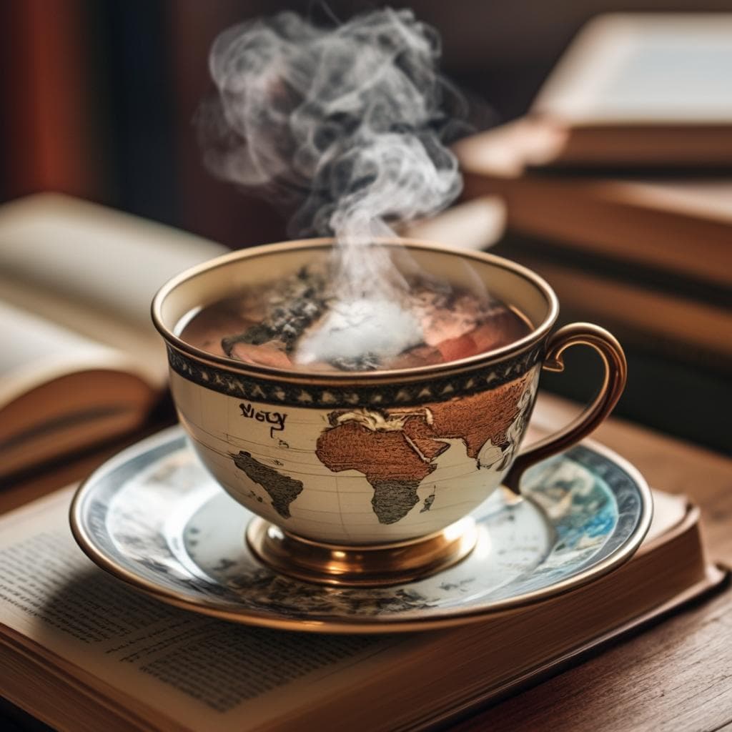 Un primer plano de una mano sosteniendo una taza de té culturalmente distintiva con vapor elevándose, rodeada de libros en idiomas extranjeros, un mapa mundial con pines, y un par de auriculares sobre un escritorio de madera