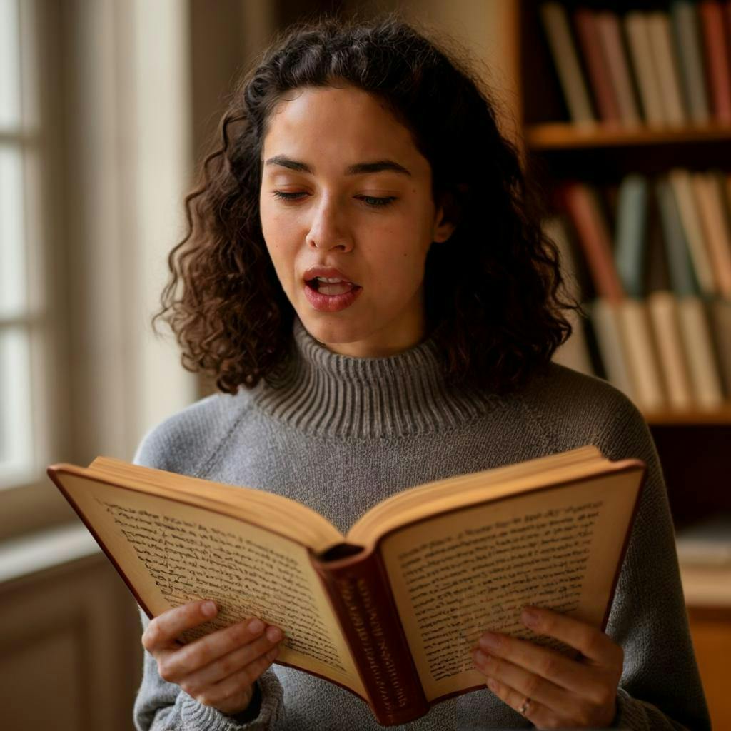 A person practicing pronunciation by speaking out loud while holding a book with French words, emphasizing the importance of practicing pronunciation to improve spelling skills in learning French.