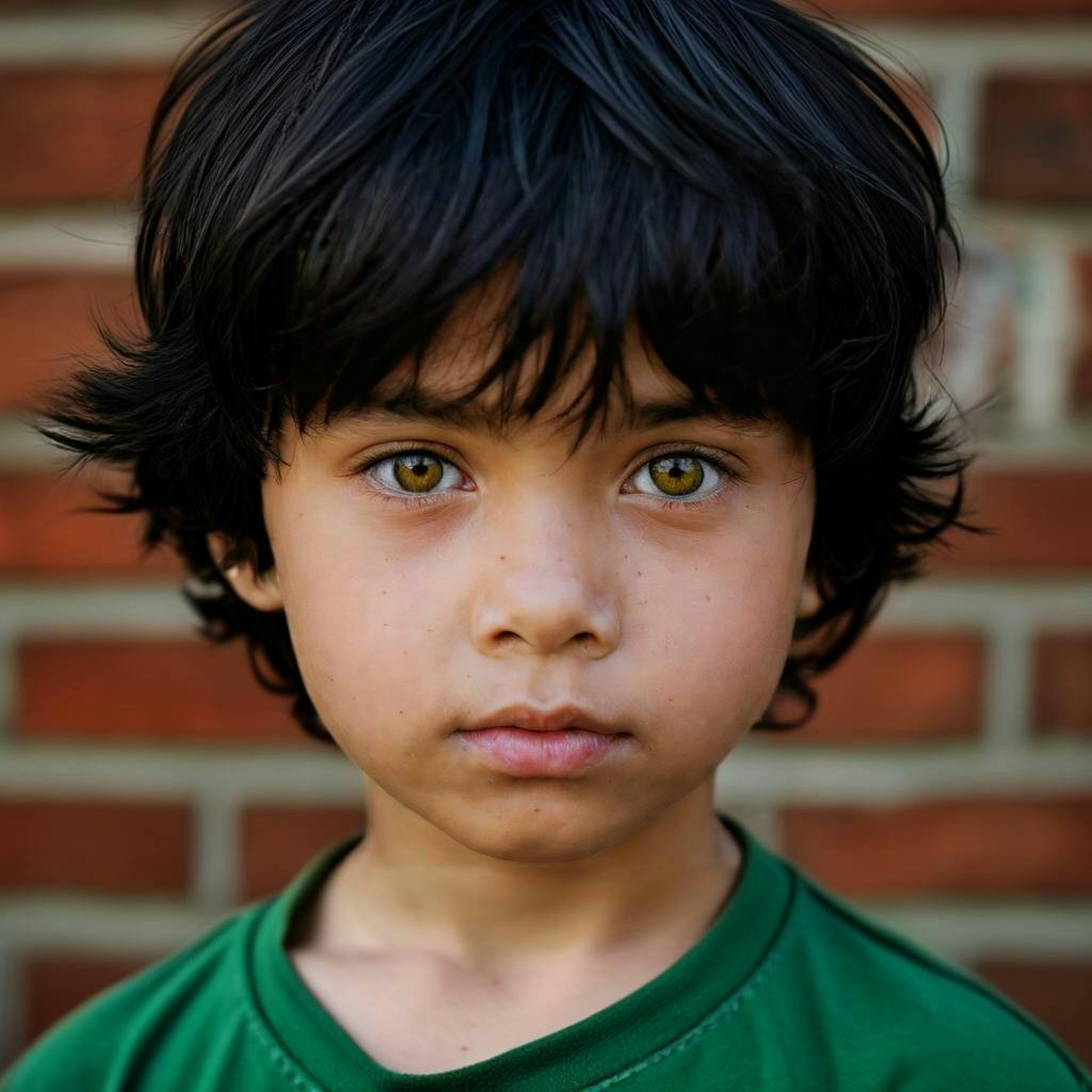 乱れた黒髪と明るい緑の目をした若い男の子がレンガの壁の前に立っています。