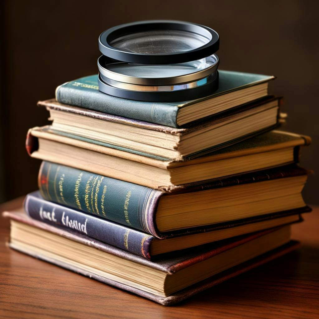 A stack of books and dictionaries with a magnifying glass highlighting common vocabulary words, symbolizing focusing on high-frequency words in language learning.
