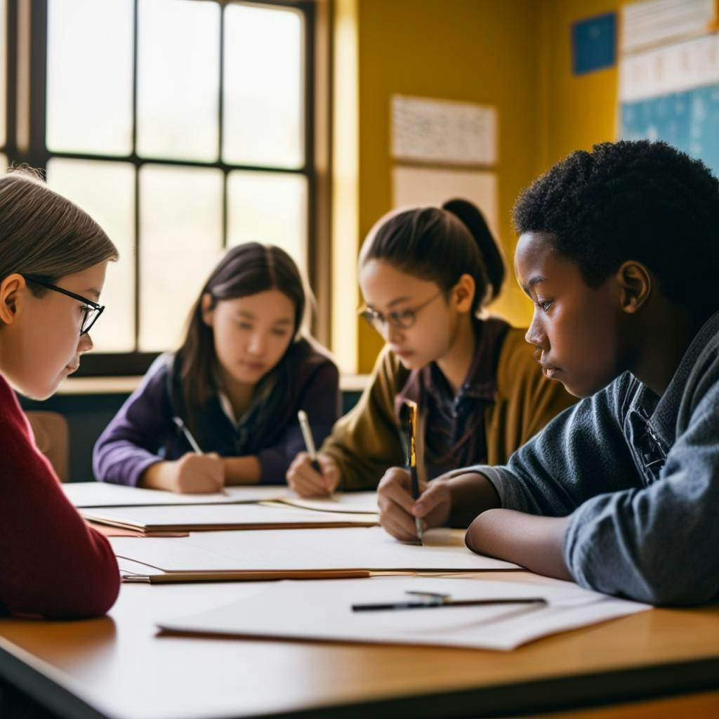 A group of diverse students engaged in various climate change-related activities, such as discussing, writing, and drawing, while sitting at desks in a classroom setting.