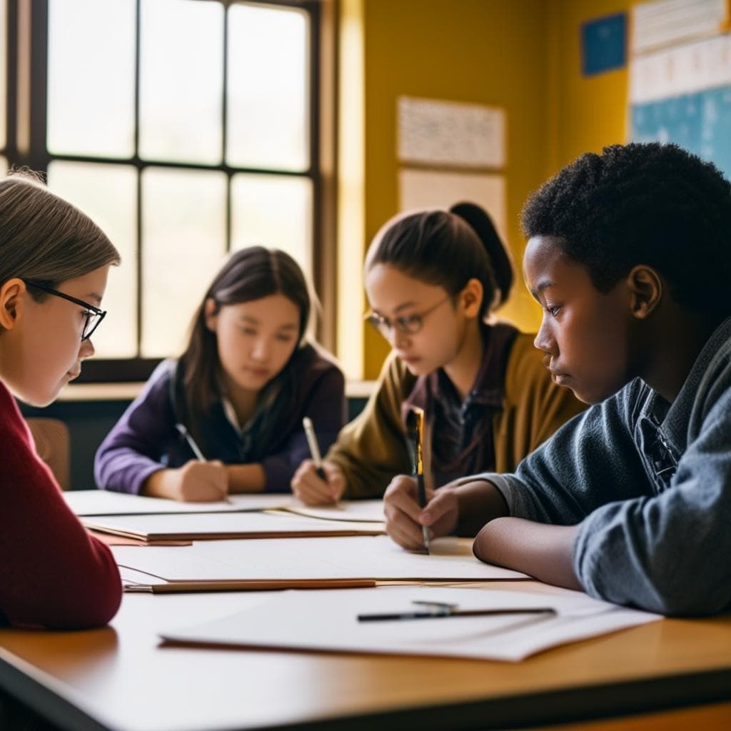 Um grupo de estudantes diversos envolvidos em várias atividades relacionadas à mudança climática, como discutir, escrever e desenhar, enquanto estão sentados em carteiras em um ambiente de sala de aula.