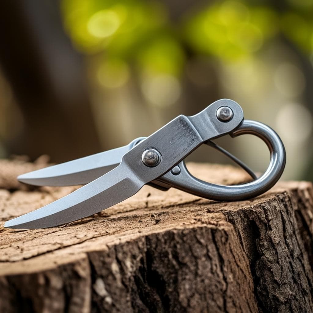 A pair of sharp pruning shears on a stack of cut branches with a partially pruned tree in the background