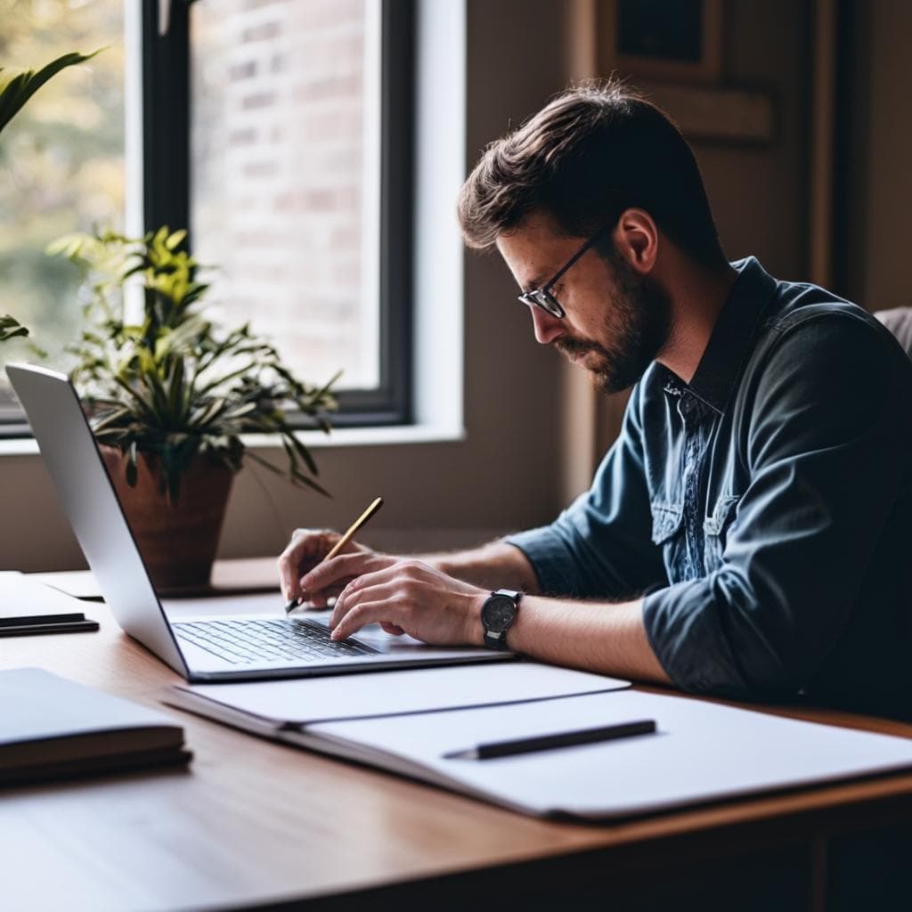 Une personne assise à un bureau avec un ordinateur portable et un cahier, réfléchissant et écrivant des idées sur papier.