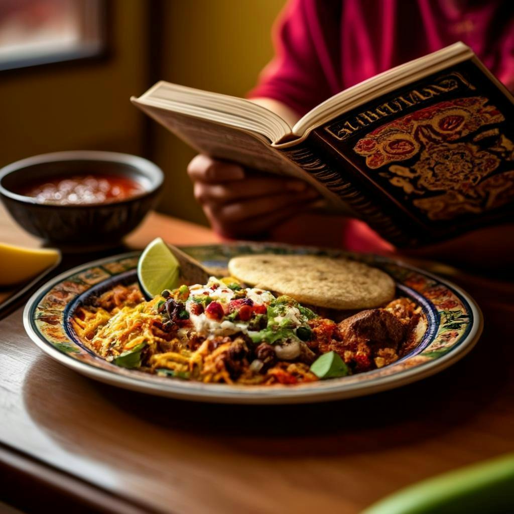 A person reading a book about Mexican culture with a plate of traditional food nearby.
