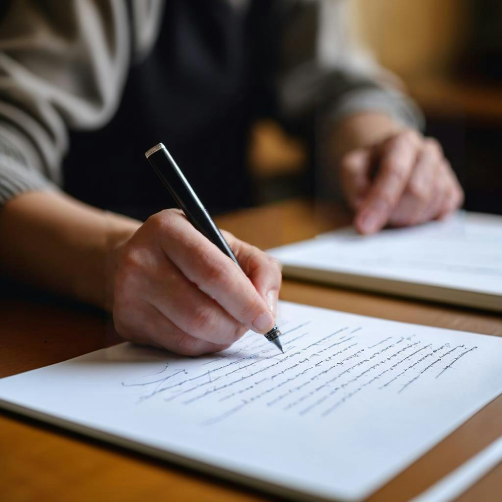 Osoba siedząca przy biurku z długopisem i papierem, ćwicząca pismo ręczne.