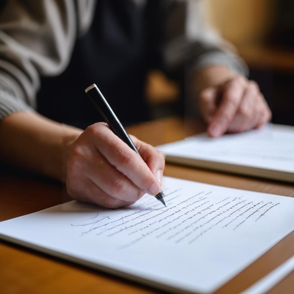 A person sitting at a desk with pen and paper, practicing handwriting exercises.