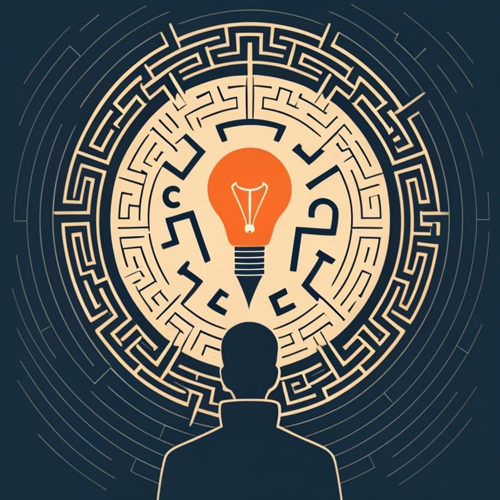 A person holding a pencil like a compass, navigating through a complex maze made of punctuation marks with a lightbulb above their head.