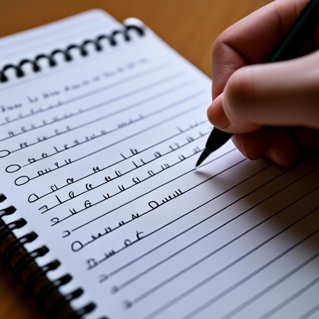 A hand holding a pencil, sketching bullet points and Roman numerals on a notepad