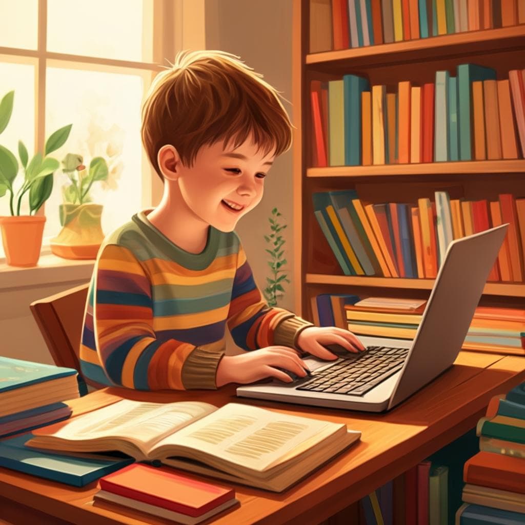 Uma criança digitando feliz em um laptop ou computador, cercada por livros e outros recursos