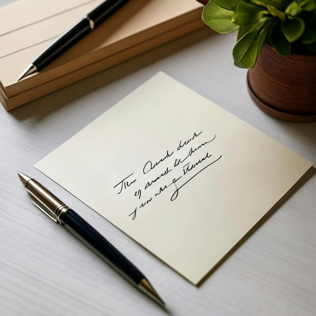 A handwritten thank you note on stationery with a closed envelope and a pen next to it, symbolizing gratitude and formal communication in writing.