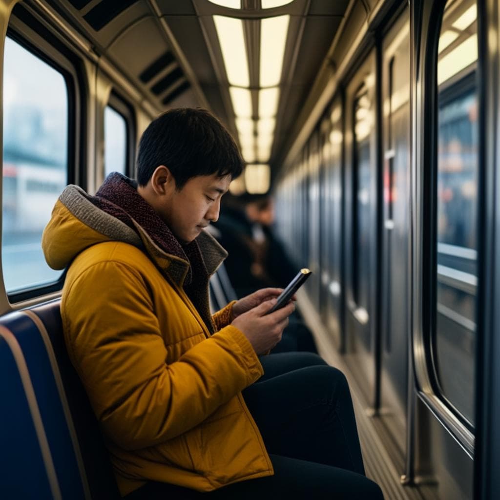 Una persona usando un teléfono en un tren