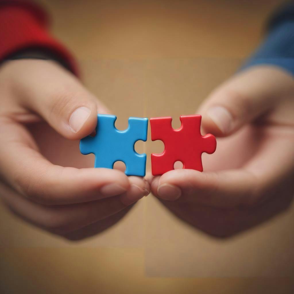 Two close-up hands, each holding a differently colored puzzle piece - one blue and one red - with the pieces interlocking against a softly blurred, neutral-toned background