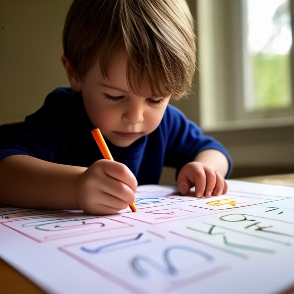 鉛筆、クレヨン、またはマーカーを使用して文字や単語の書き方を学んでいる幼い子供。