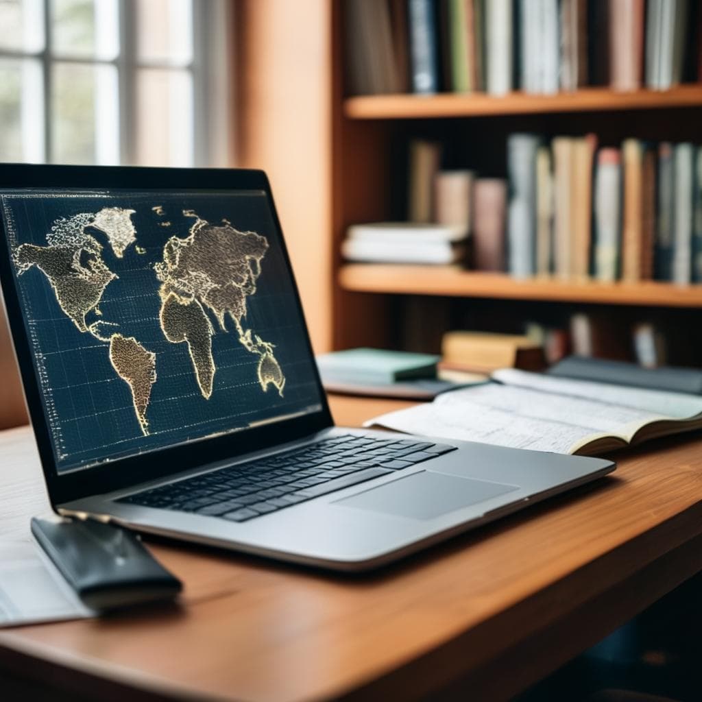 異なる言語の本、世界地図があるラップトップ、ノート、本でデスクに座っている人。
