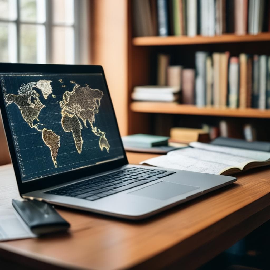 A person sitting at a desk with a laptop, a notebook, books in different languages, and a world map.